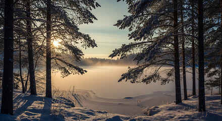 Snowy forest landscape with frozen lake at sunrise