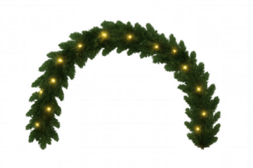 Christmas garland arching shape with glowing festive lights, pine branches, transparent background