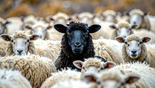 Oveja negra en medio de un reba&ntilde;o de ovejas blancas en el campo, concepto de individualidad, diferencia, diversidad, liderazgo, pensamiento libre innovaci&oacute;n empresarial de un grupo o comunidad