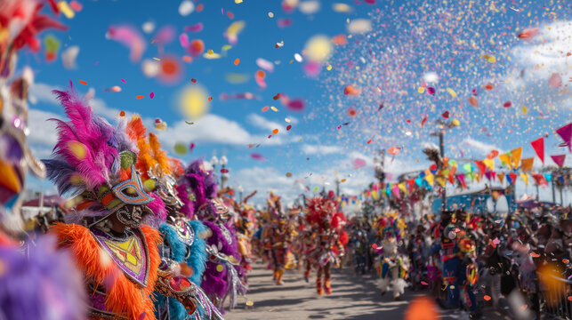 Junkanoo Festival Parade with Dancers, Confetti and Colorful Costumes in Bahamas Street Celebration