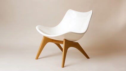 Modern White Chair with Unique Wooden Legs on Beige Background