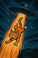 Alien Abduction of a Cat Under a UFO, Retro Cartoon Poster, Comic Book
