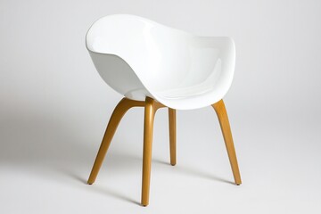 Modern White Chair with Wooden Legs on White Background