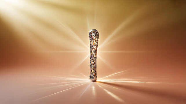 Ornate metallic object with intricate floral patterns illuminated by radiant light beams on a reflective surface