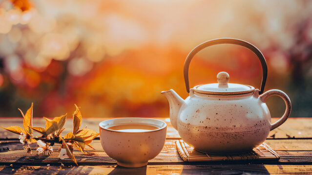 White Ceramic Teapot and Teacup With Autumn Leaves Outdoors
