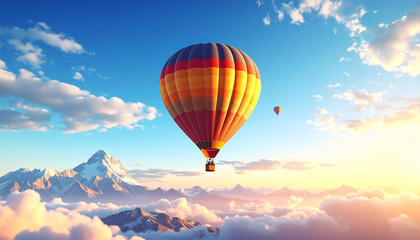 Fototapeta premium Hot Air Balloon Over Mountains at Sunrise