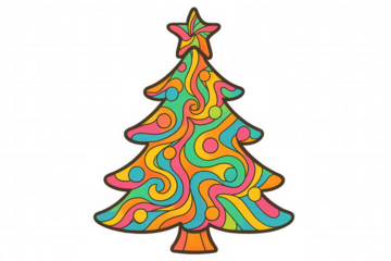 Christmas tree with groovy psychedelic swirl pattern and star, festive vibrant colors, transparent background
