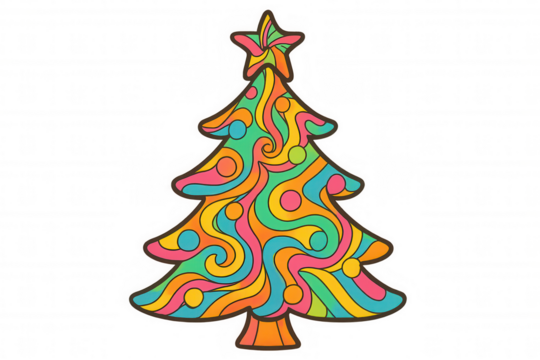Christmas tree with groovy psychedelic swirl pattern and star, festive vibrant colors, transparent background