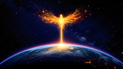 Phoenix rising above earth in space with stars and light creating a cosmic scene