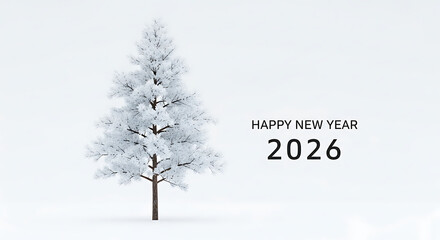 Winter tree and 'happy new year 2026' text on white background