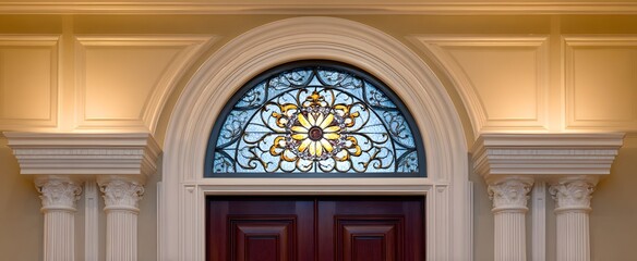 Fototapeta premium The transom window features intricate colorful decorative glass detail above the sturdy door