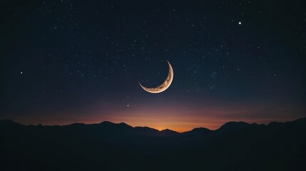 Crescent Moon Over Silhouetted Mountains at Dusk