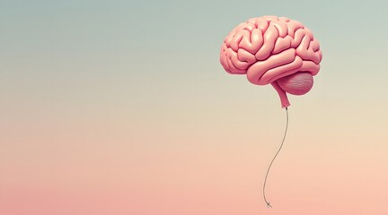 3D Pink Human Brain Floating with Balloon String on Soft Gradient Background – Minimalist Conceptual Illustration