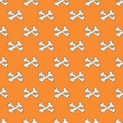 Many crossbones on orange background. Halloween seamless pattern for textile, wrapping, packaging design, wallpaper and party decoration.