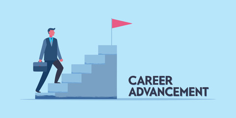 Businessman climbing stairs towards a flag symbolizing career advancement and success