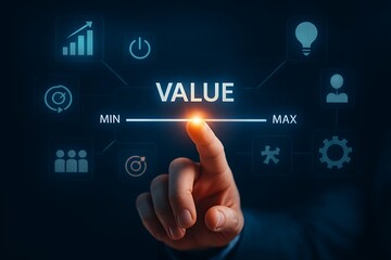 Human finger touching digital interface displaying value scale with icons image