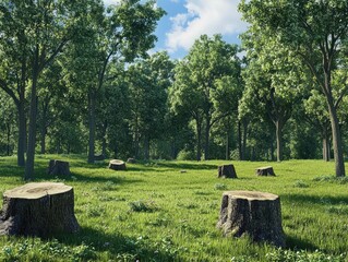 Wide shot of the grassy area in front of trees with tree stumps scattered around, a forest clearing on a bright day.