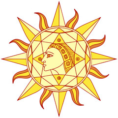 Vector art of sun with a womans face in the center