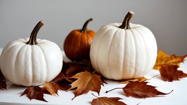 Two white pumpkins sit atop a pile of fallen leaves, perfect for autumnal decorations or harvest-themed designs