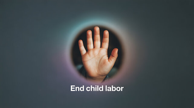 A hand reaching through a circular opening with the text 'End child labor' displayed below, symbolizing a call to action against child labor.