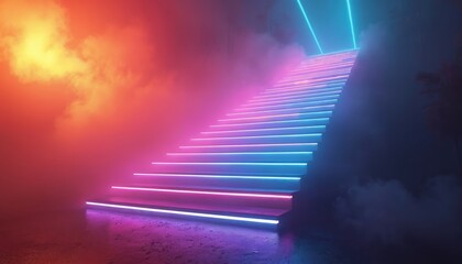 Fototapeta premium Neon stairs in smoky vibrant futuristic space. Colorful illumination, gradient lights. Abstract design, modern architecture background with texture. Step to stage, illuminated vibrant energy, glowing