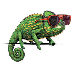 Naklejka premium Cool Chameleon with Sunglasses transparent bg, cutout PNG