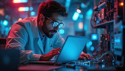 Man in lab coat analyzes electronic circuitry using laptop. Futuristic laboratory interior. Reflections of circuit board in glasses. Concept of computer engineering, tech occupation, artificial