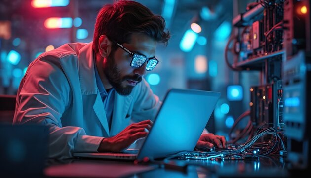 Man in lab coat analyzes electronic circuitry using laptop. Futuristic laboratory interior. Reflections of circuit board in glasses. Concept of computer engineering, tech occupation, artificial