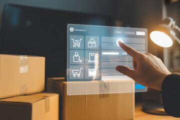 E-commerce and Online Shopping Concept: Person Interacting with Futuristic Digital Interface, Boxes