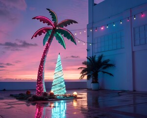 Tropical christmas scene with illuminated palm tree and christmas tree on a rooftop at sunset with colorful sky and string lights
