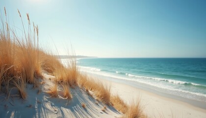 Sand dune with dry coastal grass and soft waves. Tranquil seaside image evokes peaceful summer mood. Blue sky over sandy beach. Relaxing nature scenery, travel vacation background.