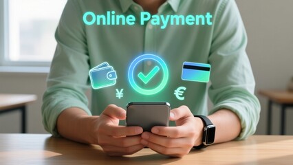 Man hands holding phone with holographic checkmark wallet and credit card icons above screen and text online payment, calm indoor Secure Transaction