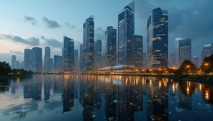 Fototapeta premium Modern smart city skyline featuring illuminated buildings, greenery, waterfront. Urban development with highrise architecture, reflecting in water at dusk. Futuristic cityscape with trees tech