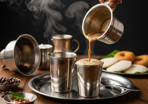 Pouring a rich, hot decoction into a frothy cup of South Indian filter coffee.