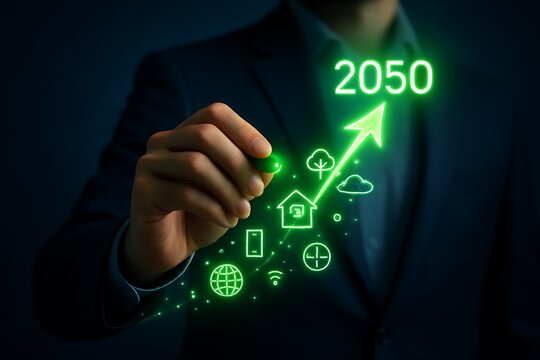 Man draws green arrow growth future icons business technology