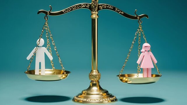 Gender equality concept featuring balanced scales with male and female figures