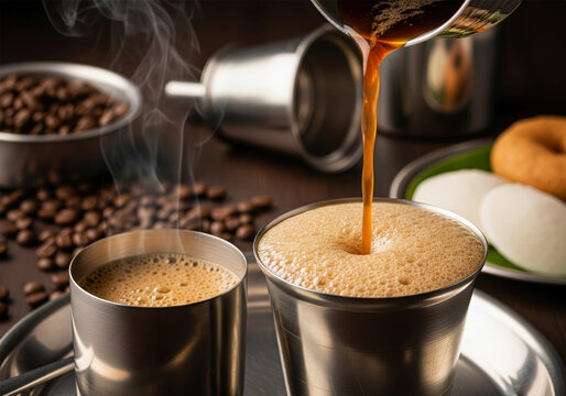 Pouring a rich, hot decoction into a frothy cup of South Indian filter coffee. - Powered by Adobe