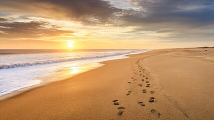 footprints. A serene beach sunset with footprints in the sand, evoking tranquility and golden warmth. inspiring travel planning, travel magazines, designed for travel destination branding.
