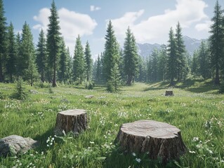 Wide shot of the grassy area in front of trees with tree stumps scattered around, a forest clearing on a bright day.