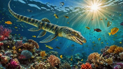 Obraz premium Underwater scene featuring a prehistoric fish swimming among vibrant coral reefs and colorful fish
