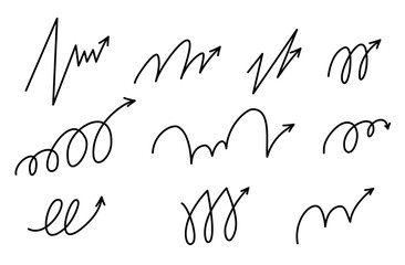 Motion bounce arrow set, hand drawn line design spiral. Expressive jump effect. Includes ball motion paths for sports. Vector illustration isolated