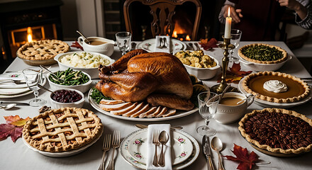 Thanksgiving dinner table with roasted turkey, pies, and side dishes