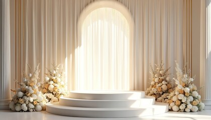 3D rendering of elegant wedding stage, arch with white curtain, column, flowers on podium. Modern design backdrop for celebration, product presentation, fashion show. Romantic minimal interior.