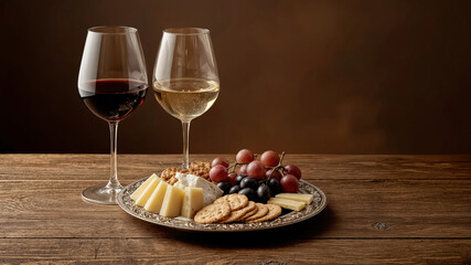 Cheese platter with assorted cheeses, crackers, walnuts, and fresh grapes, served with red wine and white wine in glasses, rustic wooden table. Gourmet appetizer for party, tasting, and celebration.