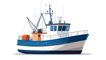 Obraz premium A colorful illustration of a fishing boat, featuring a side profile view, with a combination of white, blue, and orange details.
