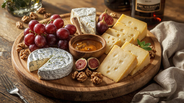Cheese platter with assorted cheeses, brie, and hard cheese slices, served with fresh grapes, figs, honey, walnuts, placed on rustic wooden board. Gourmet appetizer for wine tasting and celebration.