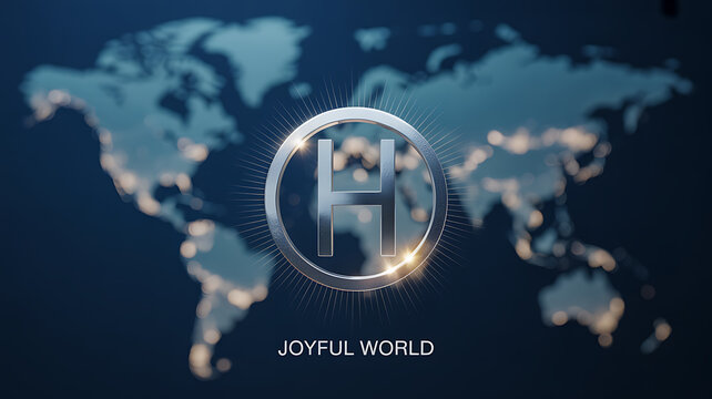 A glowing circular emblem with a stylized letter H centered over a world map background, accompanied by the text 'JOYFUL WORLD'.