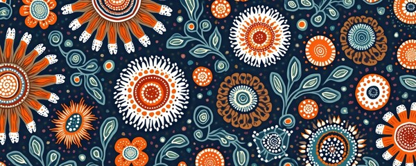 Fototapeta premium Seamless aboriginal dot art illustration. Abstract design background. Paisley, floral, flower, ornament. Wallpaper decoration texture. Vintage India textile leaf fabric nature henna decor tile in