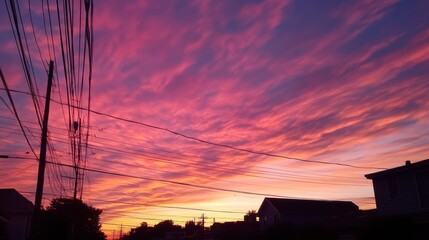 Vibrant Pink Sunset Over Suburban Skyline