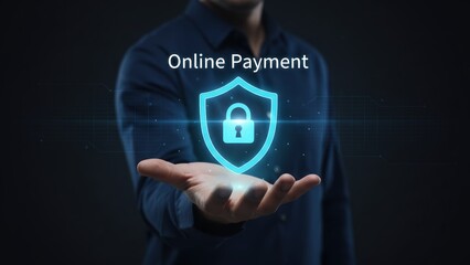 Man hand showing glowing shield padlock and online payment text, dark background, secure payment